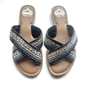 NWOT Fergalicious by Fergie Beaded Cross Sandals